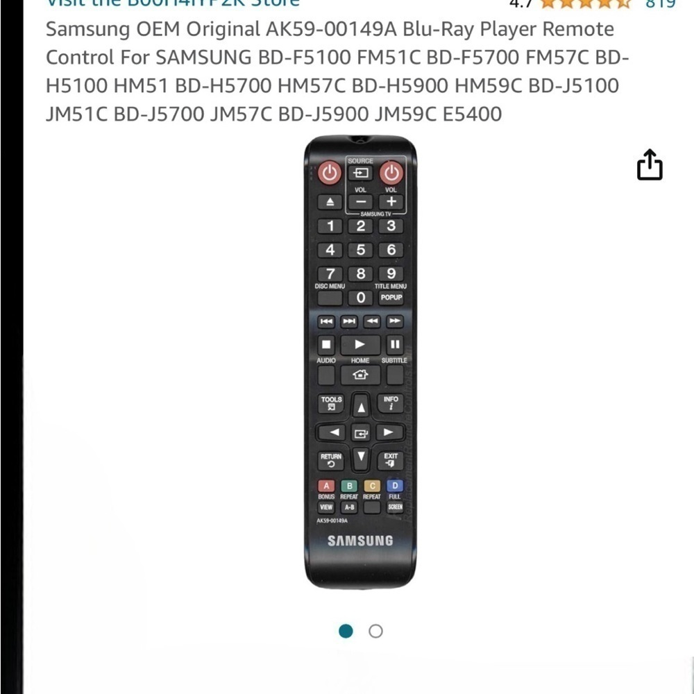 Samsung Genuine Factory AK59-00149A Remote Control Black blu ray disc